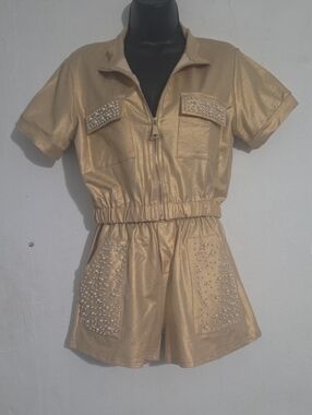 Gold Metallic Pearl Embellished Two Piece Set | Shirt & Shorts